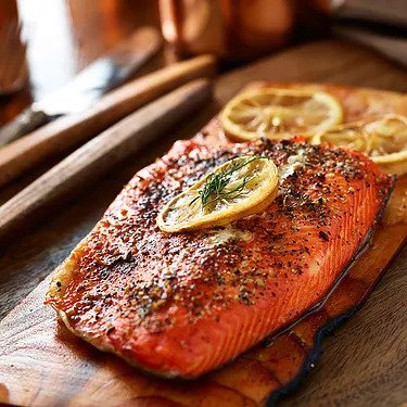 Cedar Plank Salmon with Fresh Lemon Slices and Dill | USA